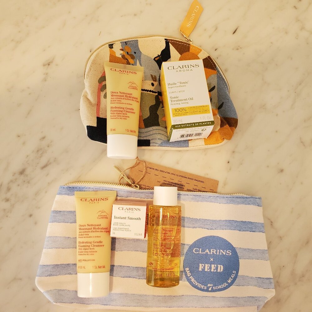 Clarins skincare samples and travel bags